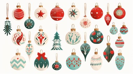 This set of vintage Christmas ornaments is in the retro style. It has ornaments, decorations, toys, and balls for Christmas decoration. It is flat modern illustrations that are isolated on white - obrazy, fototapety, plakaty