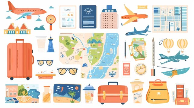 An illustration of tourism set. A picture of a beach resort, a map of the accommodation, a passport, a photo of the hotel, a suitcase. A picture of a tourist hotel, tour documents, luggage. A flat
