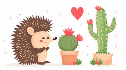 This cute hedgehog loves cactus. It is an animal that looks just like a plant with needles, similar to a happy and adorable kawaii comic character from the forest. An isolated white background with a - obrazy, fototapety, plakaty