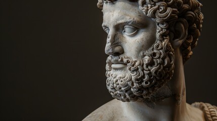 a close-up of an ancient greek sculptures face on dark background - obrazy, fototapety, plakaty