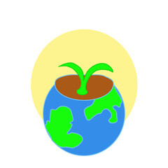 Small young plant growing out of a pot shaped like planet earth. Concept of saving the climate and environment. Vector drawing. 