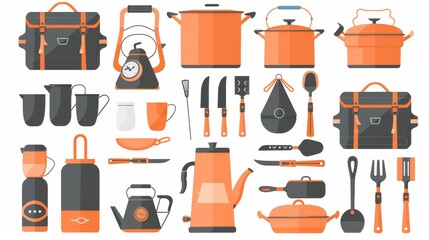 Hiking kitchen appliances, cookware set. Tea kettle, picnic pot, coffee maker, mug, metal water flask, frying pan. Flat modern illustrations isolated on white. - obrazy, fototapety, plakaty
