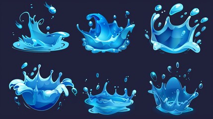 There is a splash of liquid water, falling drops, waves and swirls on the surface of the ocean or sea, floating in the stream and spilling into a crown shape, in a modern cartoon set of motion