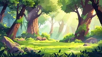 This modern illustration features a forest background with deciduous trees, moss on rocks, grass, bushes, and sunlight spots.