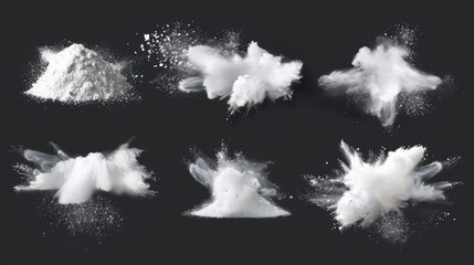Clouds of white powder isolated on transparent background. Abstract illustration of dust explosion, washing detergent scattered, snow blizzard, flour explosion.