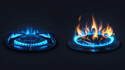 A gas burner with blue flames and glowing fire rings on a kitchen stove. Modern realistic mock-up of propane butane in a cooking oven in a top and side view isolated on a black background. - obrazy, fototapety, plakaty