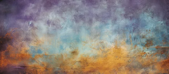 Foto op Canvas A picturesque natural landscape painting featuring tints and shades of purple, blue, and orange. The sky is filled with cumulus clouds against a backdrop of electric blue © TheWaterMeloonProjec