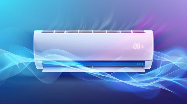 Air conditioner with cold and warm wind waves, refreshing and purifying effect. Electronic device used to adjust the temperature and climate in a room. Realistic 3D modern illustration of air