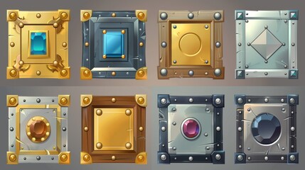 A set of square UI game frames with textured medieval borders. Cartoon metallic borders with gemstones, and isolated elements for design gui.