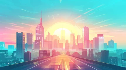 Wandcirkels tuinposter A sunrise over modern city skyline with sun rising above skyscraper buildings, seen from a bridge. Morning metropolis cityscape with road and houses, city architecture, cartoon modern illustration. © Mark