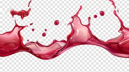 Horizontal splash of wine or red juice on transparent background. Modern realistic set of liquid waves of flowing clear fruit drink, strawberry, grape or cherry juice. - obrazy, fototapety, plakaty