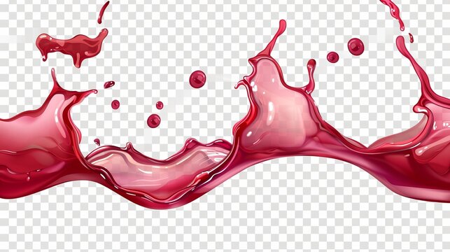 Horizontal splash of wine or red juice on transparent background. Modern realistic set of liquid waves of flowing clear fruit drink, strawberry, grape or cherry juice.