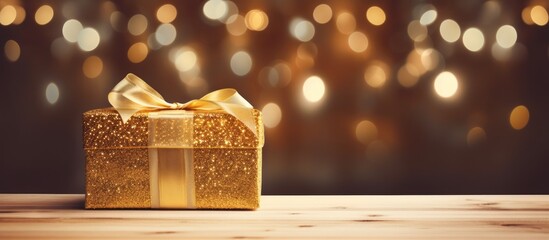 Golden gift box displayed on wooden shelf amid festive lights, room for text. Festive holiday ambiance.