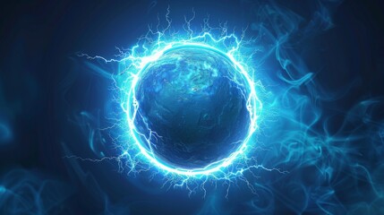 An electric ball with a round lightning frame inside a blue thunderbolt circle border, energy strike, green plasma sphere with an isolated electrical discharge, realistic 3D modern illustration.