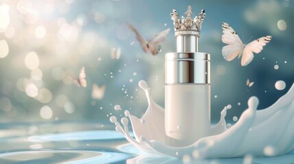 A realistic representation of milk cosmetics with a blurred background. Skin care cosmetic product with body lotion in a white bottle with a silver dispenser adorned with a crown and flying - obrazy, fototapety, plakaty