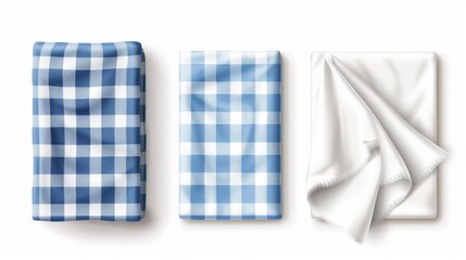 Detailed modern set of 3d folded tablecloths with plaid pattern and linen napkins isolated on a white background.