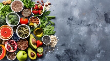Healthy food clean eating selection. Fruit, vegetable, seeds, superfood, cereal, leaf vegetable on gray concrete background. Top view.