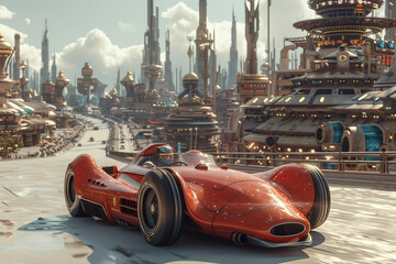Car racing in the future city. Street racing video game.