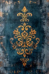 tapestry front view photo of woven damask pattern of Victorian style in bright blue