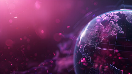 A partially transparent globe with animated water and energy cycles, with a tech grid overlay, against a deep purple background. - obrazy, fototapety, plakaty
