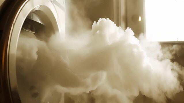 Steam from damp clothes billows out of the dryers vent dispersing into the air.