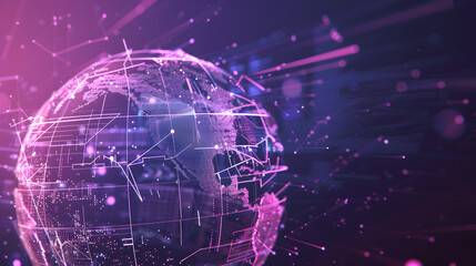 A partially transparent globe with animated water and energy cycles, with a tech grid overlay, against a deep purple background.