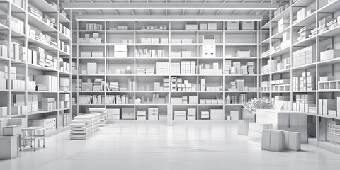 Interior of modern pharmacy with medicines, cosmetics and products for healthcare on shelves , 