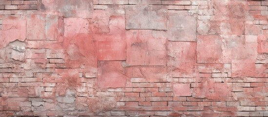 A close up of a magenta brick wall showcasing a unique pattern of brown brickwork, creating an...