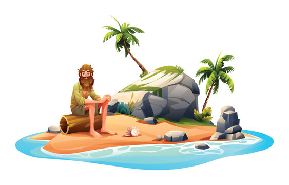 Castaway man on desert island with palm trees and rocks. Vector cartoon illustration