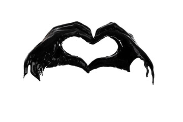 Hand, love or art as heart, shape or abstract as symbol in creative, monochrome or still life. Romantic, gesture or fingers as minimalist, silhouette of liquid oil paint in studio on white background