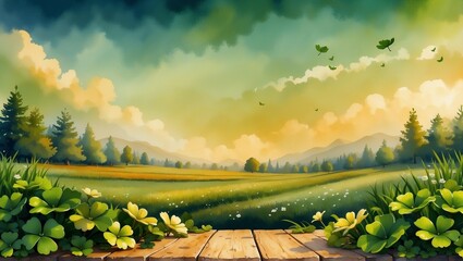 Serene Irish Meadow, Peaceful Landscape Illustration, Nature’s Beauty Concept, Ideal for Wall Murals or Relaxation Themed Room Decor - obrazy, fototapety, plakaty