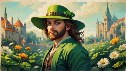 Leprechaun Adventurer, Storybook Illustration, Charm and Charisma Concept, Great for St. Patrick's Day Character Design or Promotional Material - obrazy, fototapety, plakaty