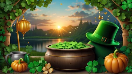 Pot of Gold at Sunset, Magical Evening Illustration, Wealth and Prosperity Concept, Perfect for St. Patrick's Day Themed Wallpaper or Poster Design - obrazy, fototapety, plakaty
