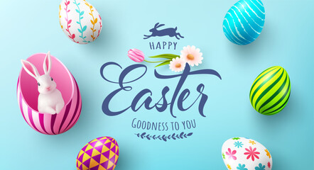 Easter poster and banner template with a white rabbit inside a easter egg on light green background.Greetings and presents for Easter Day in flat lay styling.Promotion and shopping template for Easter