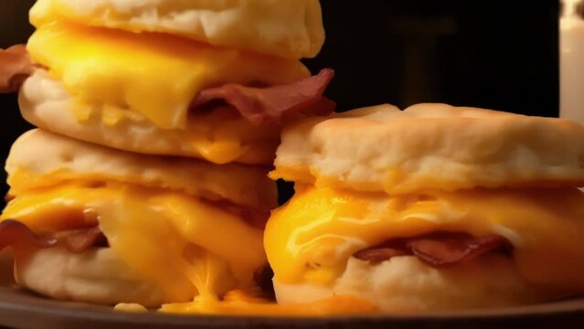 A stilllife image featuring a trio of ermilk biscuits transformed into breakfast sandwiches, each one stuffed with crispy bacon, a fluffy scrambled egg, and a slice of tangy cheddar cheese.