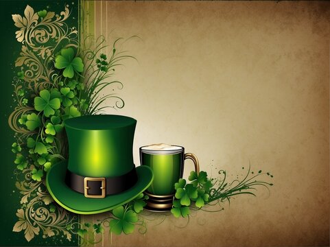 Hat and Beer Toast, Green and Beige, Elegant Vintage Style, Celebration Concept, St. Patrick's Day Menu Background or Party Invitation Design with Copy Space