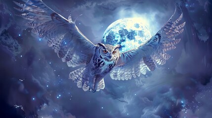 Design featuring an owl spirit under a cosmic full moon.