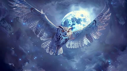 Cercles muraux Dessins animés de hibou Design featuring an owl spirit under a cosmic full moon.