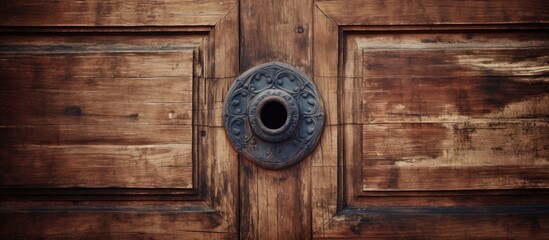 A closeup of a hardwood door with a metal door handle, set in a brickwork building. The wood stain...