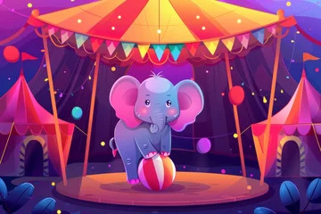 Gartenposter Cartoon modern illustration of a circus elephant standing on a ball in an arena with garlands at a big top tent. The circus shows wild animal acrobats performing on stage amidst a funfair amusement © Mark