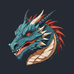 Illustration of a dragon head showing red eyes and horns.