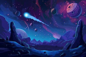 Galaxy background with planet, stars and meteor in outer space. Landscape with alien planets or moons and craters flying in the night sky, modern cartoon illustration. - obrazy, fototapety, plakaty