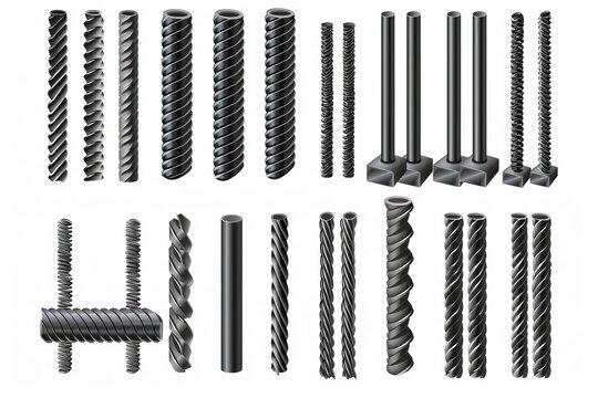 Realistic modern illustration of smooth and deformed iron bars for building, cage, rack, or prison grate, isolated on white with stainless fittings.