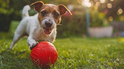 a dog standing near big red ball on grass