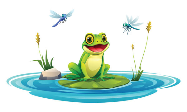 Frog sitting on a leaf in the pond with dragonflies. Vector cartoon illustration isolated on white background