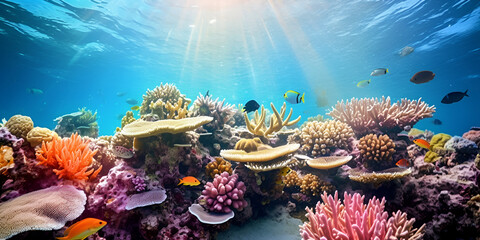 Fototapeta na wymiar Underwater with colorful sea life fishes and plant at seabed background, Colorful Coral reef landscape in the deep of ocean.