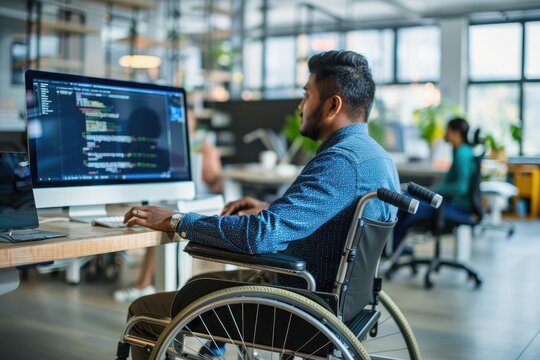 man in wheelchair sitting at desk in front of computer, working in office, Inclusivity