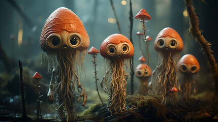 Witness the lively interactions of whimsical dorky fungi monsters - obrazy, fototapety, plakaty