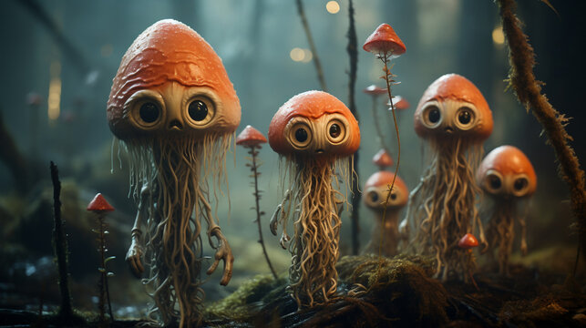 Witness the lively interactions of whimsical dorky fungi monsters