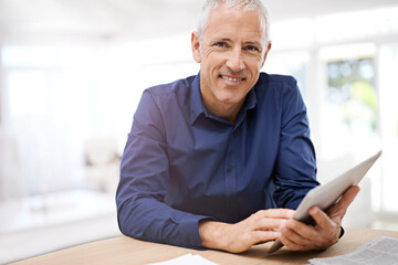 Tablet, app and portrait of senior man in house streaming, reading or ebook sign up. Face, smile or elderly male person with digital, search or online for google it, internet or subscription service